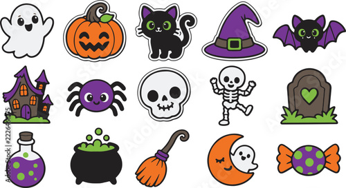 Colorful halloween icons including ghosts pumpkins witches and spooky treats
