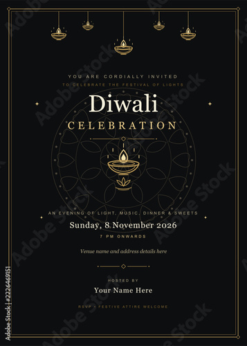Luxury Diwali Invitation Card, Gold Line Art Mandala and Hanging Diya on Black Background, Elegant Festival of Lights Celebration Party Invite 2026