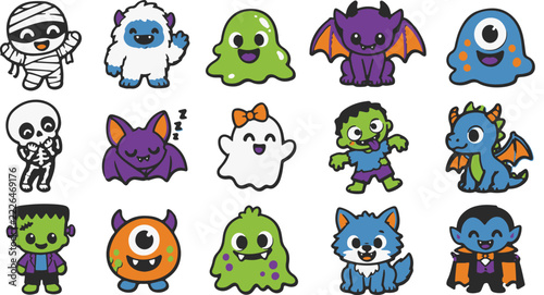 Colorful cartoon halloween monster characters set for spooky season celebrations and designs
