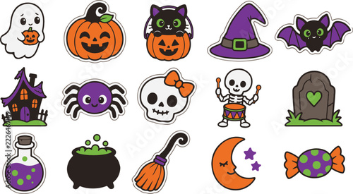 Colorful halloween icons set featuring ghosts pumpkins spiders and other spooky elements