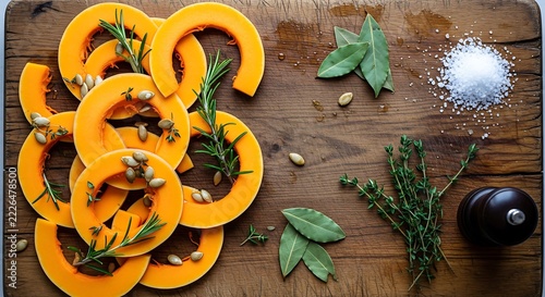 Fresh raw pumpkin rings arranged on wooden cutting board with aromatic rosemary herbs and sea salt crystals
