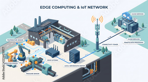 Edge Computing and IoT Network Isometric Illustration with Smart Factory, Sensors, Edge Gateway, Tower and Cloud Services