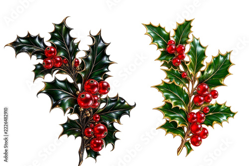 Christmas Holly Branches with Glossy Red Berries and Golden Edges on transparent png background 