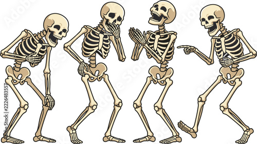 Fotografie Four cartoon skeletons laughing humorously and reacting with animated expression