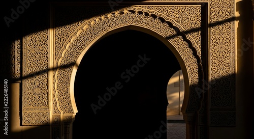 Intricate Moroccan archway with detailed stone carvings illuminated by soft golden sunlight creating deep dramatic shadows and contrast