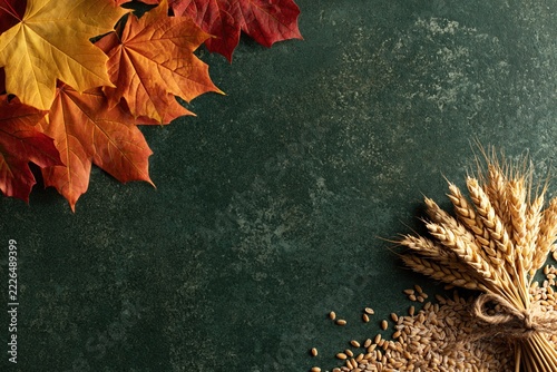 Autumn Maple Leaves and Golden Wheat Ears on Dark Green Textured Background