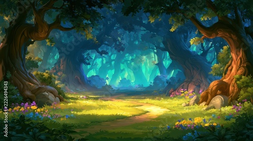 Vibrant fantasy game background featuring ancient twisted trees, colorful flowers and a sunlit forest path leading into a glowing turquoise woodland. Magical fairytale environment for adventure games.