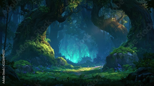 Enchanted Fantasy Forest Game Background with Ancient Twisted Trees Glowing Blue Mist and Magical Woodland Path