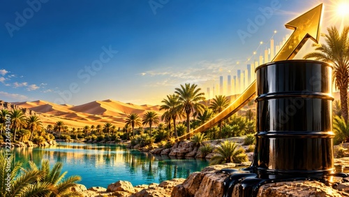 Rising Oil Prices and Global Energy Market Growth with Golden Upward Arrow and Oil Barrel in Desert Landscape