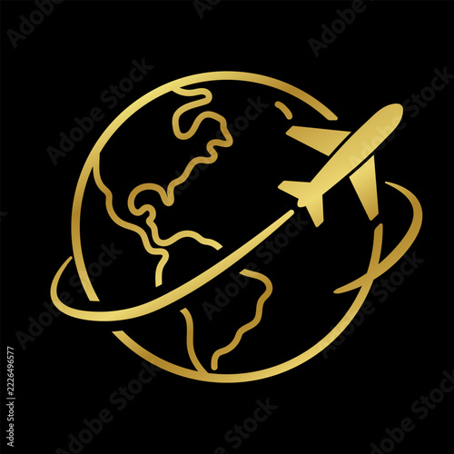 Plane route over world icon or badge. Airplane with earth or globe. Travel around the world by aircraft concept. Vector illustration.
