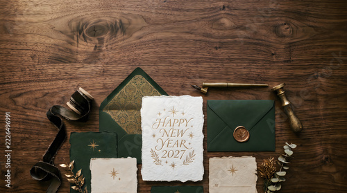 New Year 2027 Elegant Stationery Flat Lay With Handcrafted Cards And Calligraphy On Wooden Background