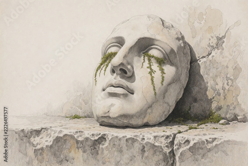 An Ancient Marble Face Mask With Delicate Green Moss Growing Like Tears