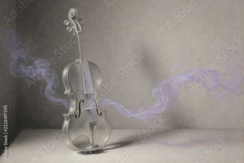 A Transparent Frosted Glass Violin Releasing a Ribbon of Violet Musical Mist