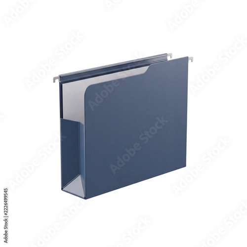 Blue hanging file folder on transparent background with paper documents