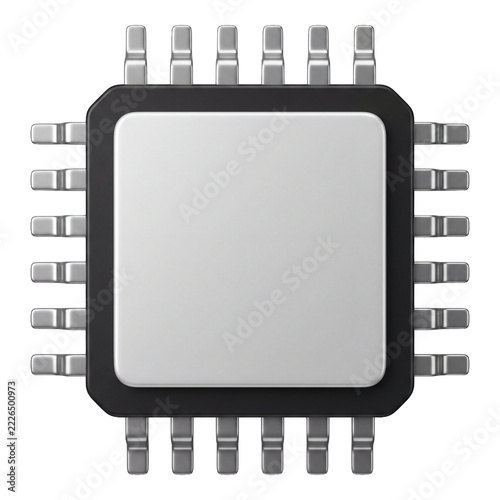 Computer processor microchip with silver pins on transparent background