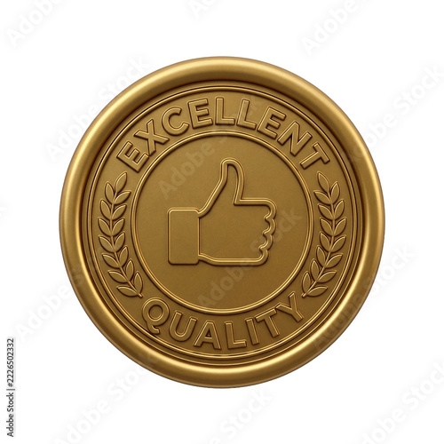 Golden seal badge with thumbs up symbol on transparent background
