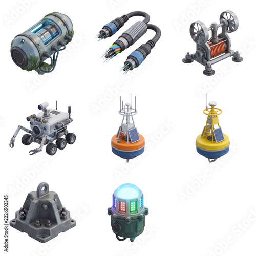 Futuristic industrial equipment icons set on transparent background