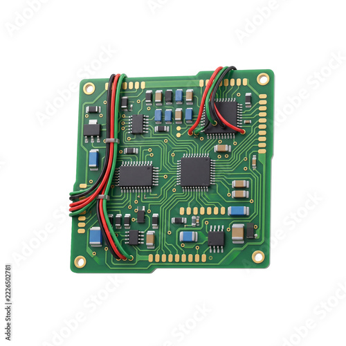 Green circuit board with microchips and wires on transparent background