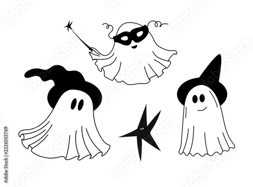 Ghost Phantom Outline Art. Funny Halloween Holiday Spirit Decoration. Cute Spooky Boo Flying Magic Character. Halloween Autumn Holiday Family Greeting Party Invitation Symbol. Child Retro Sticker  