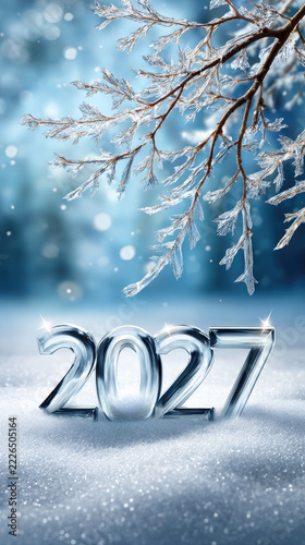 Transparent number 2027 sits on glistening snow, featuring sparkling highlights and an icy branch with frost-covered twigs against a soft blue winter background