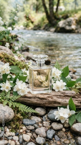 Perfume bottle on driftwood surrounded by white jasmine flowers, beauty product in nature by a river.