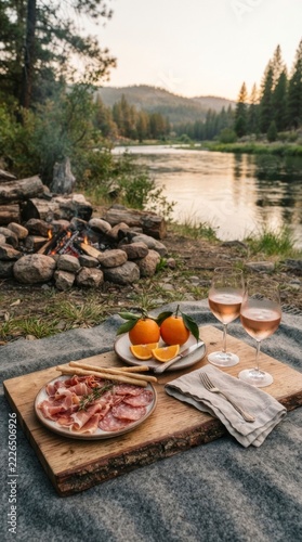 Picnic with wine, cured meats, and fresh oranges by a campfire at a river, outdoor riverside evening.