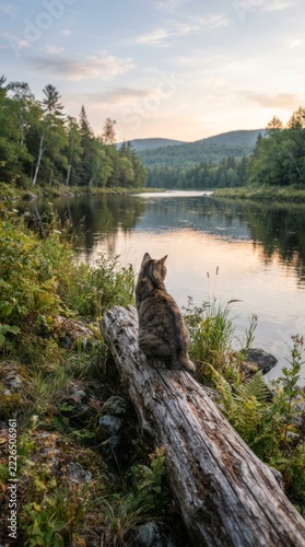Tabby cat sitting on a log by a river at sunset, serene landscape with forest and mountains in background.