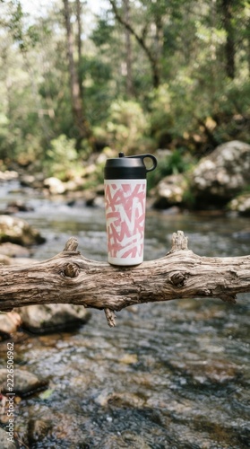 Reusable water bottle with patterned design on a wooden log, blurry forest stream in background.