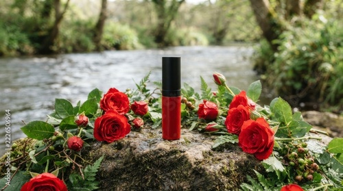 Red lipstick tube standing on a mossy rock, surrounded by fresh red roses near a flowing stream.