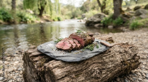 Sliced medium-rare beef roast with herbs on a stone board, outdoor picnic near a flowing river.