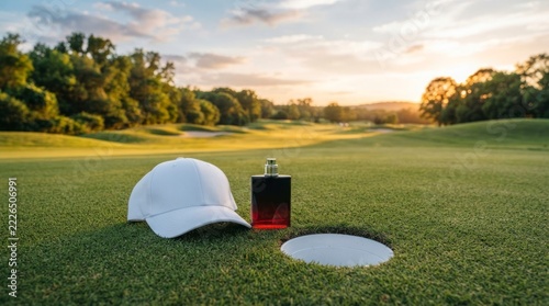 White baseball cap and bottle of men's cologne on green grass of a golf course, summer sunset background.