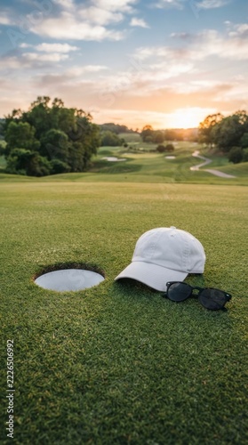 White cap and sunglasses on a golf course putting green, scenic sunset over a fairway background.