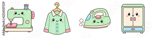 Cute cartoon sewing machine, garment, and steam iron with cheerful expression in laundry setting