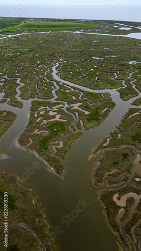 Aerial view of intricate salt marsh patterns with winding tidal channels and lush green vegetation in the coastal landscape of Essex, United Kingdom.