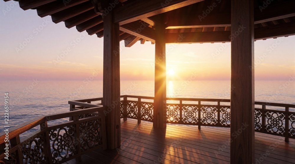 Naklejka premium Korean style wooden pavilion overlooks calm sea during golden sunset. Traditional architecture with ornate railings sits on ocean coast. Peaceful landscape view with warm sunlight reflecting on water
