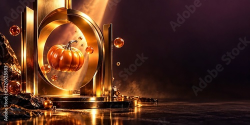 Luxury Golden Halloween Pumpkin with Metallic Gold Frame and Floating Amber Orbs on Dark Background