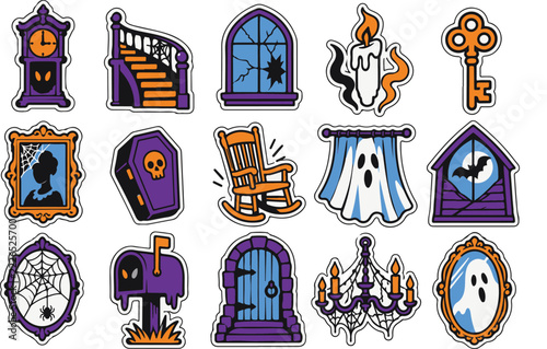 Collection of spooky halloween themed objects including ghosts clocks and haunted house elements