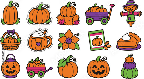 Collection of colorful cartoon pumpkins and halloween themed illustrations for autumn designs