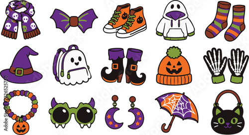 Colorful collection of halloween themed accessories and decorations isolated on white