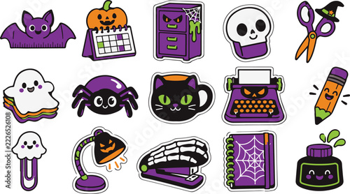 Colorful halloween icons featuring spooky objects and school supplies on white background
