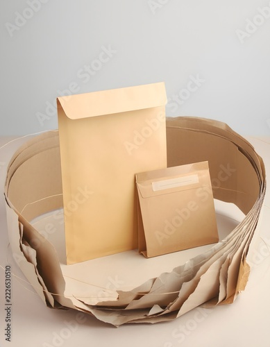 Plain Reusable Shipping Envelope with Neatly Folded Return Flap Beside Recycled Paper Filler, Sustainable Minimal Packaging Concept