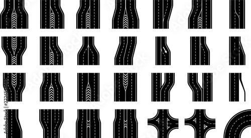 Set of diverse road elements and traffic symbols for map design, including merges, forks, curves, and intersections