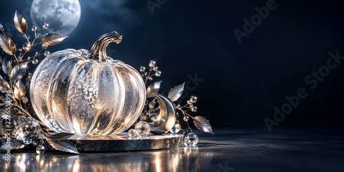 Luxury Crystal Pumpkin with Silver Crescent Moon and Elegant Halloween Night Background
