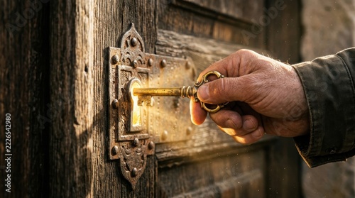 Person inserting an ornate golden key into an old wooden door lock