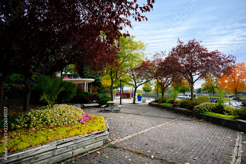 Autumn foliage frames Sainte-Anne-de-Bellevue's brick waterfront promenade with raised planters and moored boats under diffuse daylight in mid afternoon.