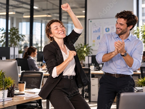 Businesswoman dancing as a supportive colleague applauds in office