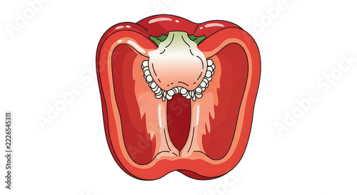 Fresh bell pepper cross-section reveals seeds core and vibrant flesh