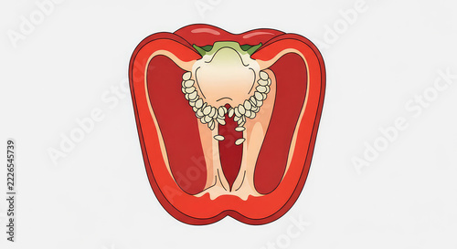 Red bell pepper cross section showing flesh seeds and core in a