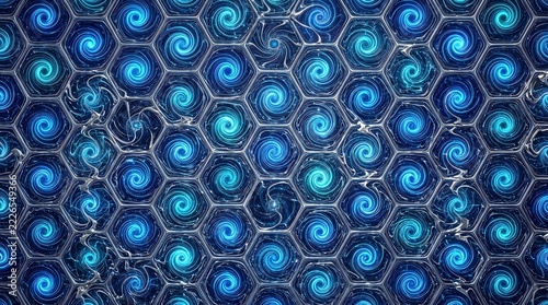Blue glowing spiral vortex patterns inside metallic honeycomb grid structure for futuristic