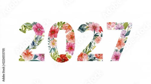 Floral 2027 design: bright numbers with colorful flowers on white background